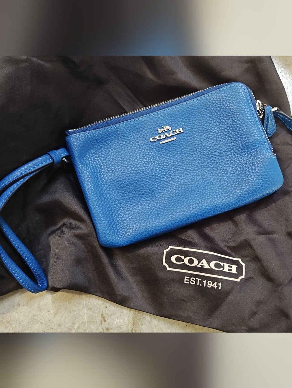 Coach True Blue Pebbled Leather Wristlet Pouch Double Zipper